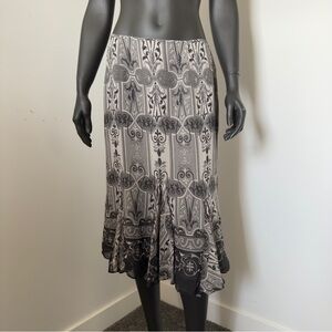 Silk Midi Skirt Black Gray Ornate Print Flowy Hem Skirt Size 10